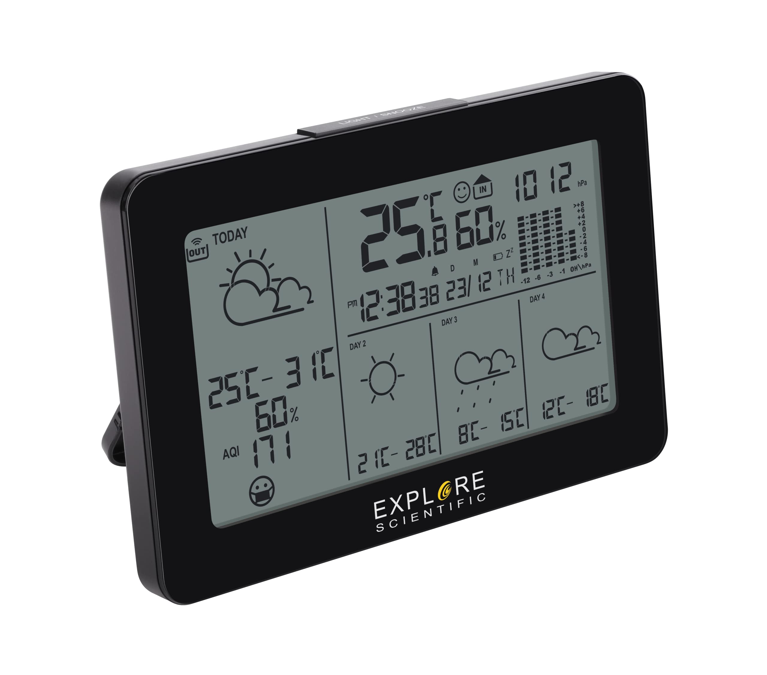 Explore Scientific WSH4103 Stazione meteorologica smart Wifi, sincronizzazione automatica dell'ora, piattaforma Tuya, temperatura, umidità e previsioni del tempo consultabili anche da App, nero