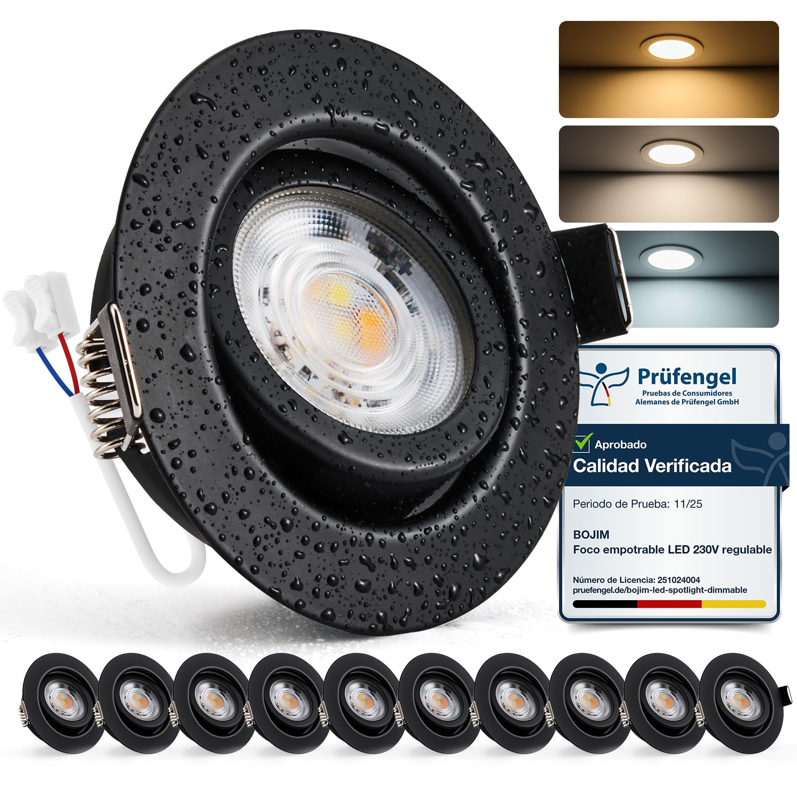 Bojim Downlight LED Techo Empotrable Regulables 7W 230V | Focos LED Interior Negro Corte 68mm - 80mm IP44, para Cocina Baño Habitación, 10 Pack