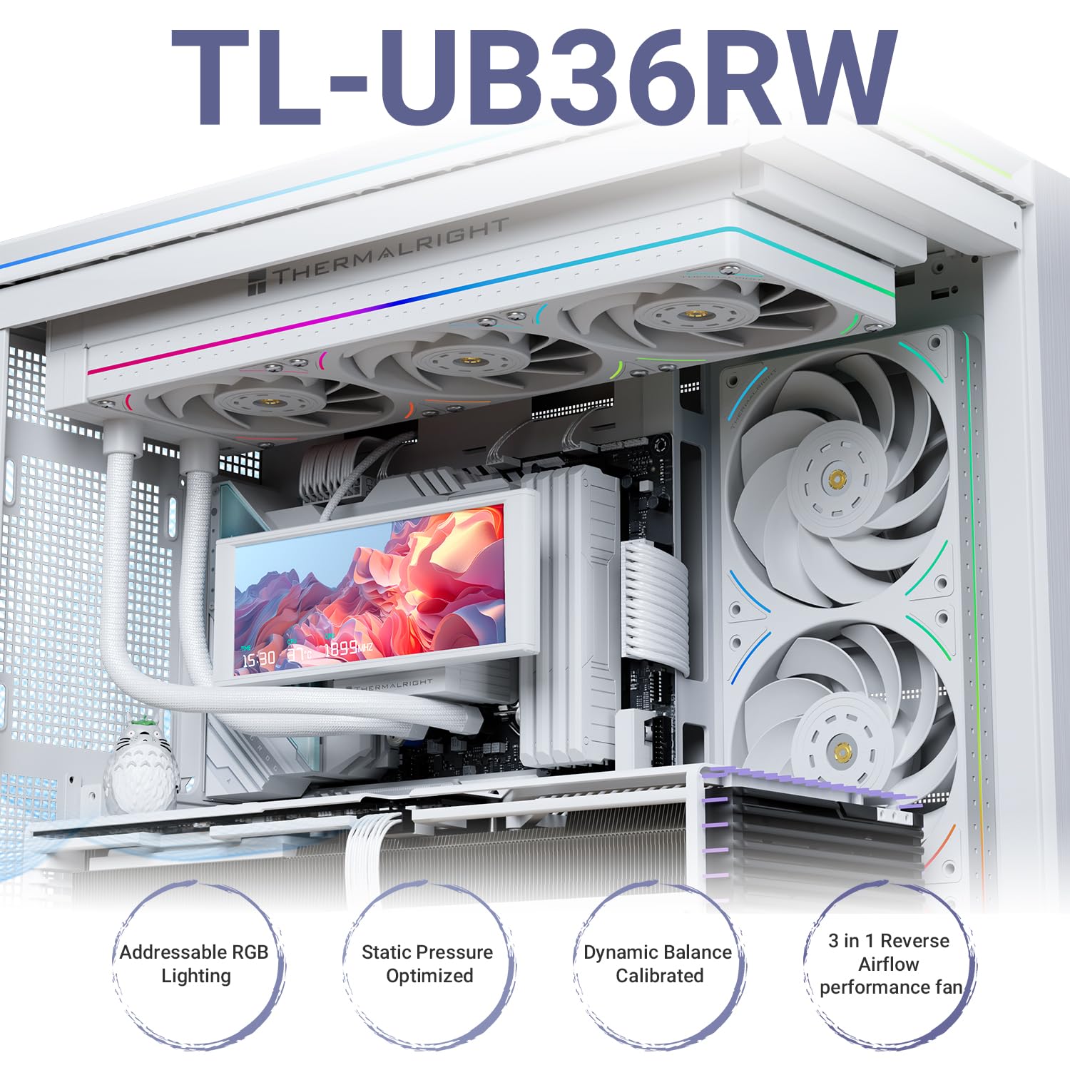 Thermalright TL-UB36RW - Ventola silenziosa da 120 mm, funzione PWM, fila 3 ventole retroverse, per raffreddamento a liquido CPU e raffreddamento case, bianco, con striscia luminosa ARGB da 5 V