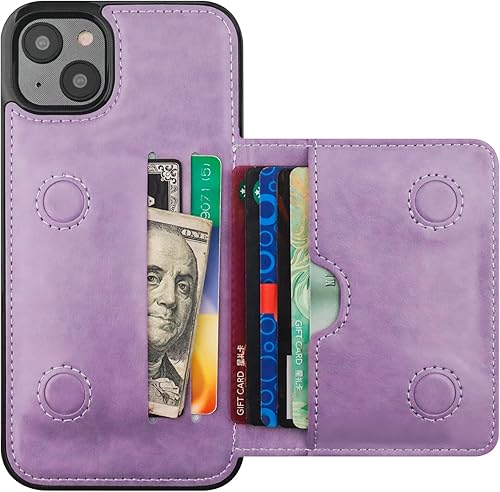 KIHUWEY Funda compatible con iPhone 14 Plus con tarjetero de cuero de primera calidad, cierre magnético oculto, duradero, a prueba de golpes, para