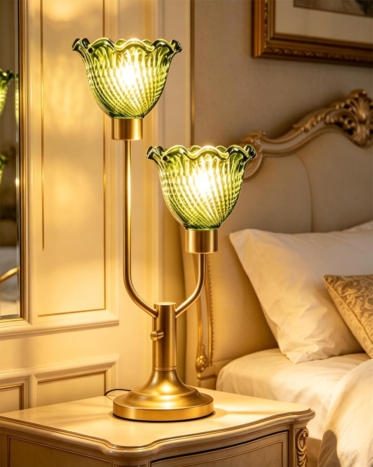 Lightdot Vintage Green Glass Table Lamp for Living Room Dimmable Mid Century Modern Desk Lamp Gold Flower Nightstand Lamp 2 Bulbs Included Warmwhite Ambient Bedside Lamps for Bedroom Home Office Decor