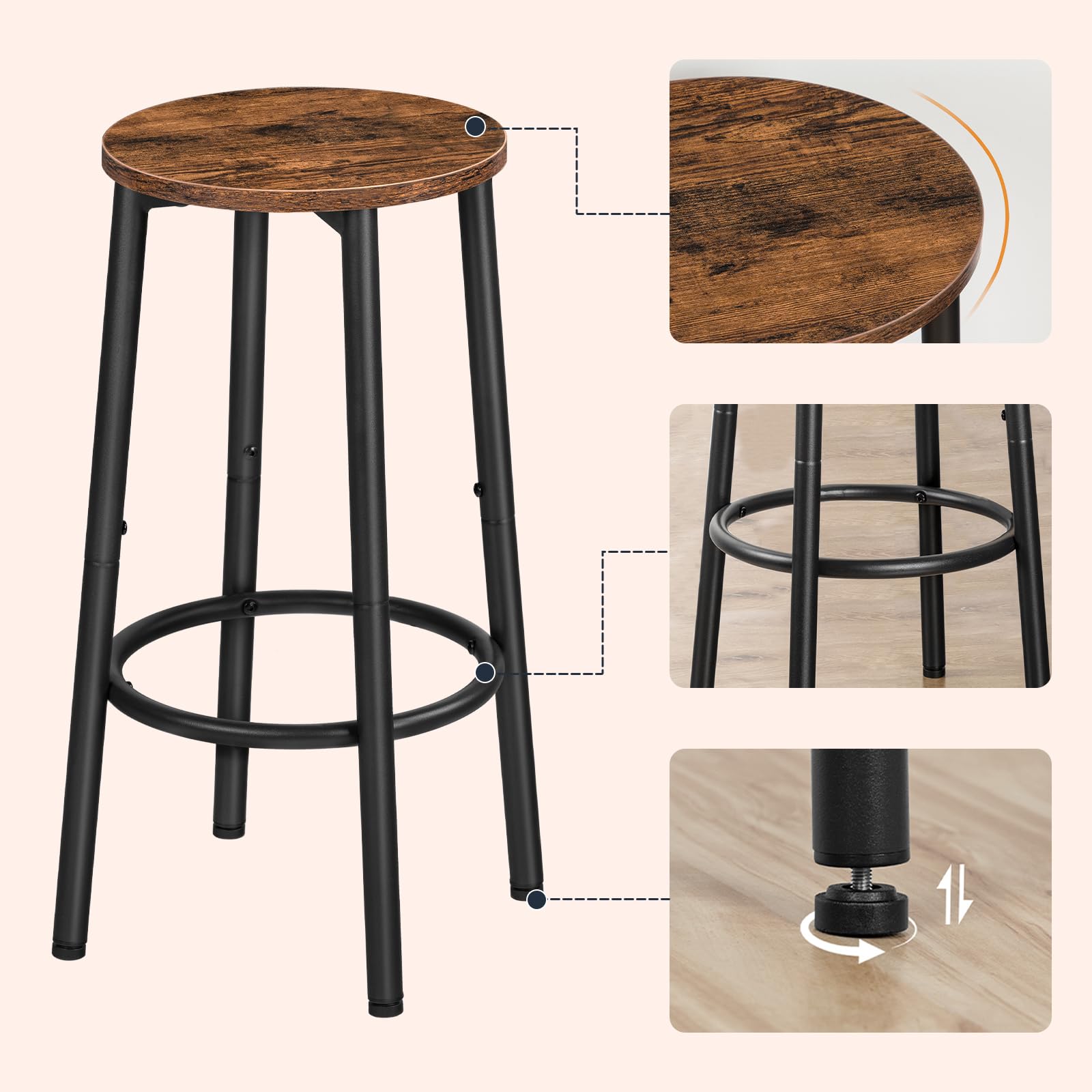 HOOBRO Tabourets de Bar, Lot de 4, Tabourets Hauts pour comptoir, Chaises de Cuisine avec Cadre métallique, pour Cuisine, Bar, café, Salle à Manger, Marron Rustique et Noir EBF03BYP401