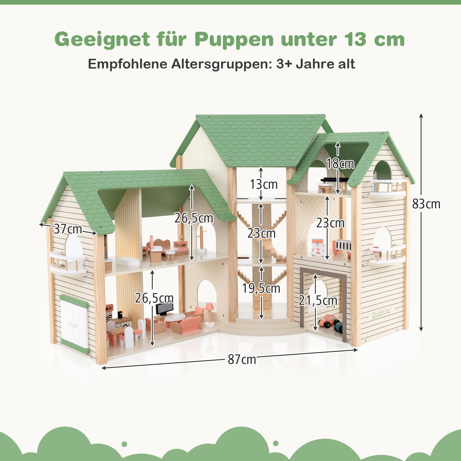 COSTWAY Puppenhaus Holz, Dollhouse 83 cm Hoch mit 36 Möbelstücken und Zubehör, Puppenvilla mit 6 Zimmern & Terrasse & Garage, Puppenstube Geschenk für Kidner ab 3 Jahren