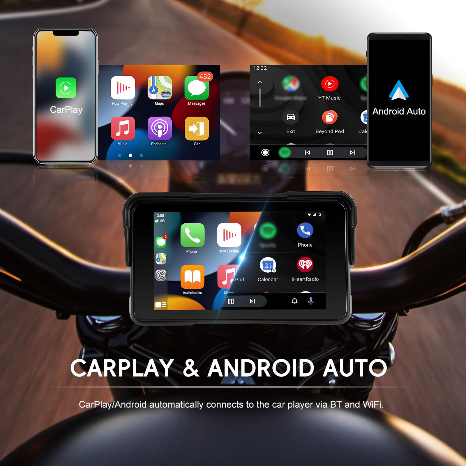 Schermo CarPlay Moto 5" HD Wireless Apple CarPlay Android Auto IP68 Impermeabile Bluetooth TPMS