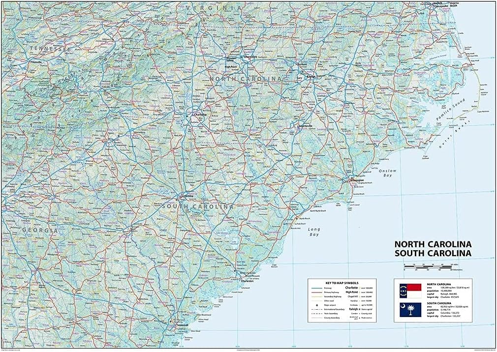North & South Carolina Physical Map - 23.3 x 16.5 inches – Paper Laminated