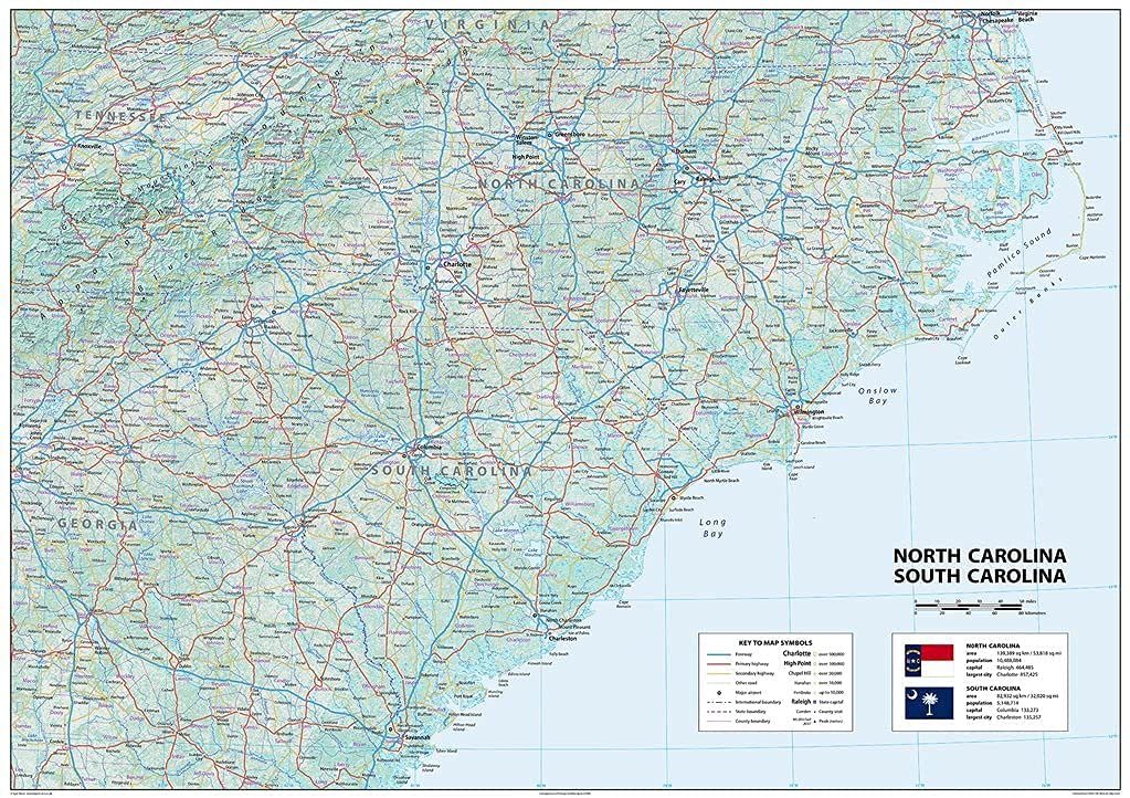 North & South Carolina Physical Poster Map - 23.3 x 16.5 inches – Paper Laminated