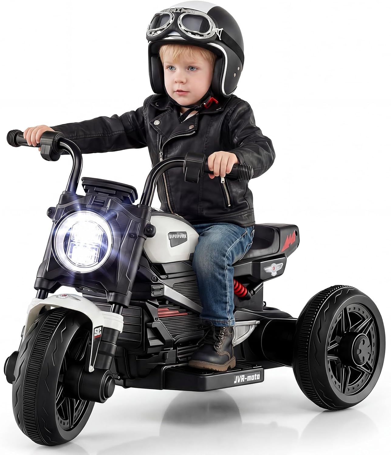 HONEY JOY Toddler Motorcycle, 6V Big Wheel Battery Powered Electric Motorcycle for Kids, Music, Story, Foot Pedal, Headlights, Forward/Backward, 3-Wheel Ride On Toy for Boys Girls Gift (White)