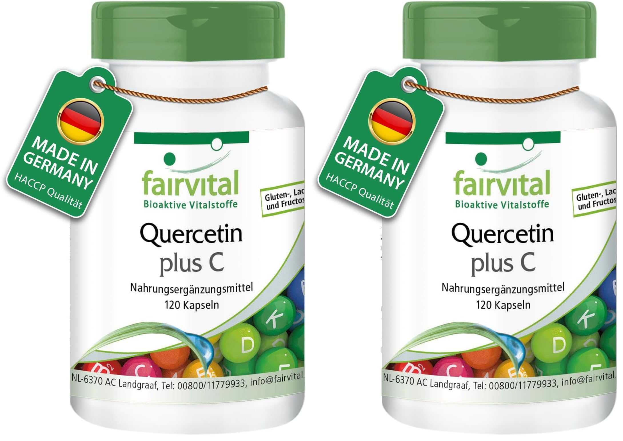 fairvital Quercetin Kapseln mit Vitamin C, 120 Kapseln, HOCHDOSIERT, 250mg Quercetin plus 300mg Vitamin C pro Kapsel, VEGAN, Antioxidans (Packung mit 2)