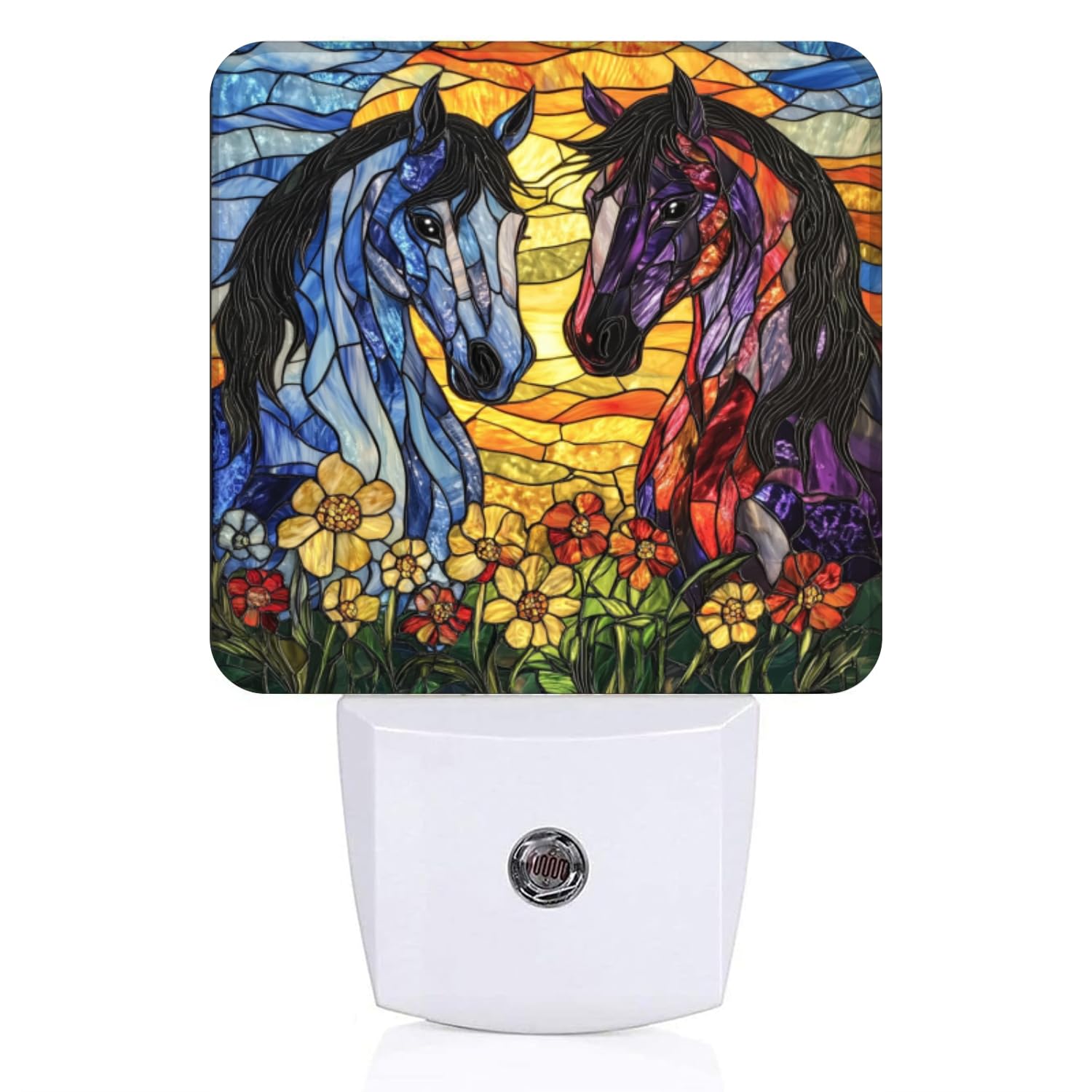 Mearafois Square LED Night Lights Lamp with Dusk to Dawn Sensor Stained Glass Style Horses Night Light Plug