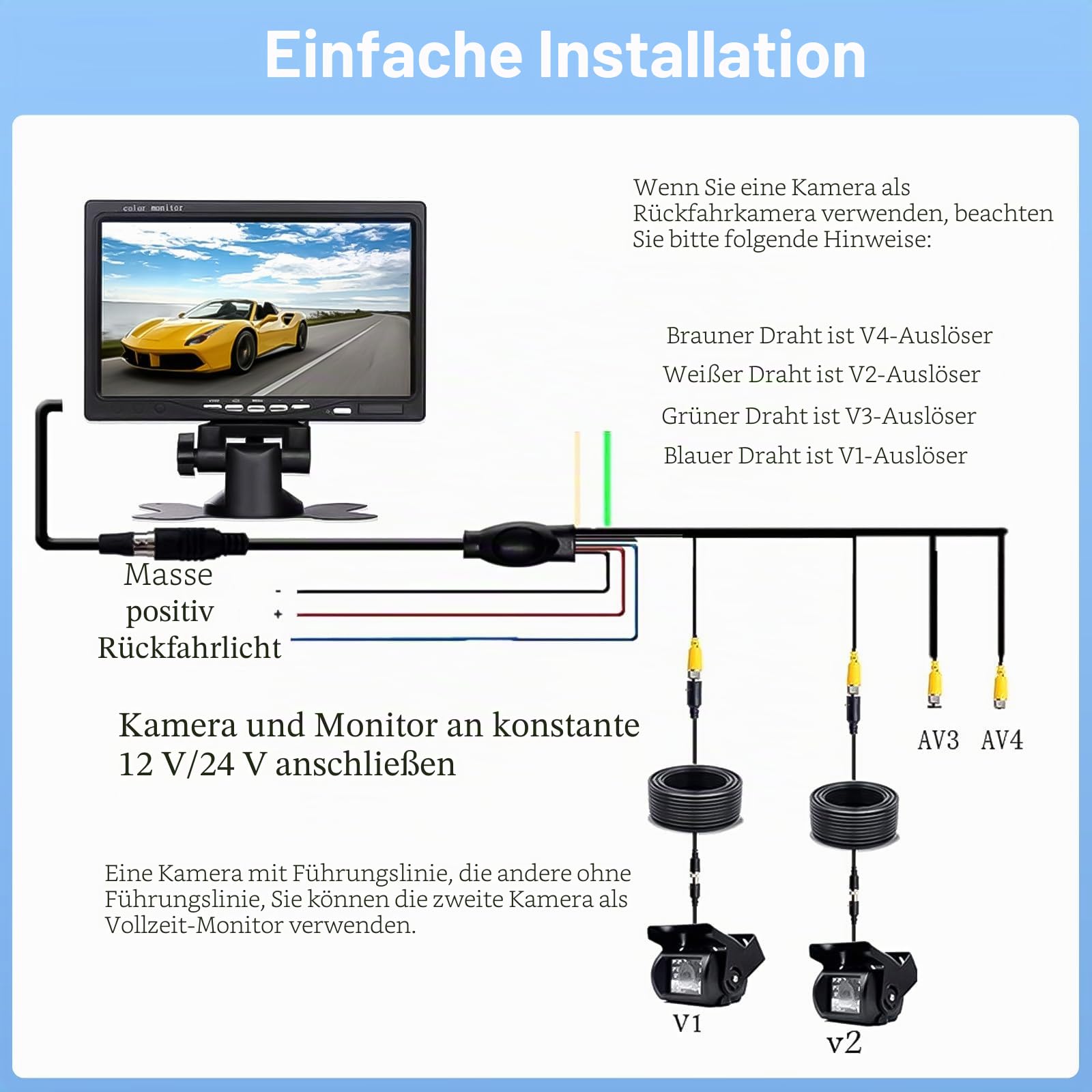 Camecho Dual Backup Kamera 4 Split Monitor hinten Kamera Auto 18 IR-Nachtsicht wasserdicht Aviation 4 Pins Anschluss 33 ft Kabel Für LKW/Wohnmobil-/Trailer/Bus