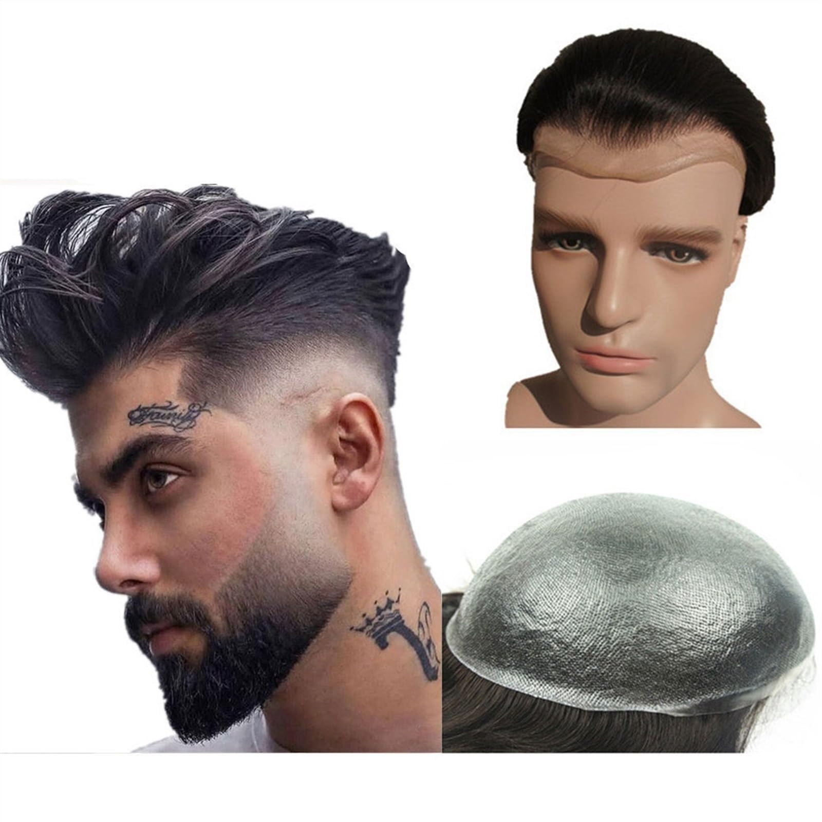 Parrucchino da uomo Toupet for uomo in pelle sottile PU, protesi di capelli umani e unità, sistema sostituzione dei n. 4