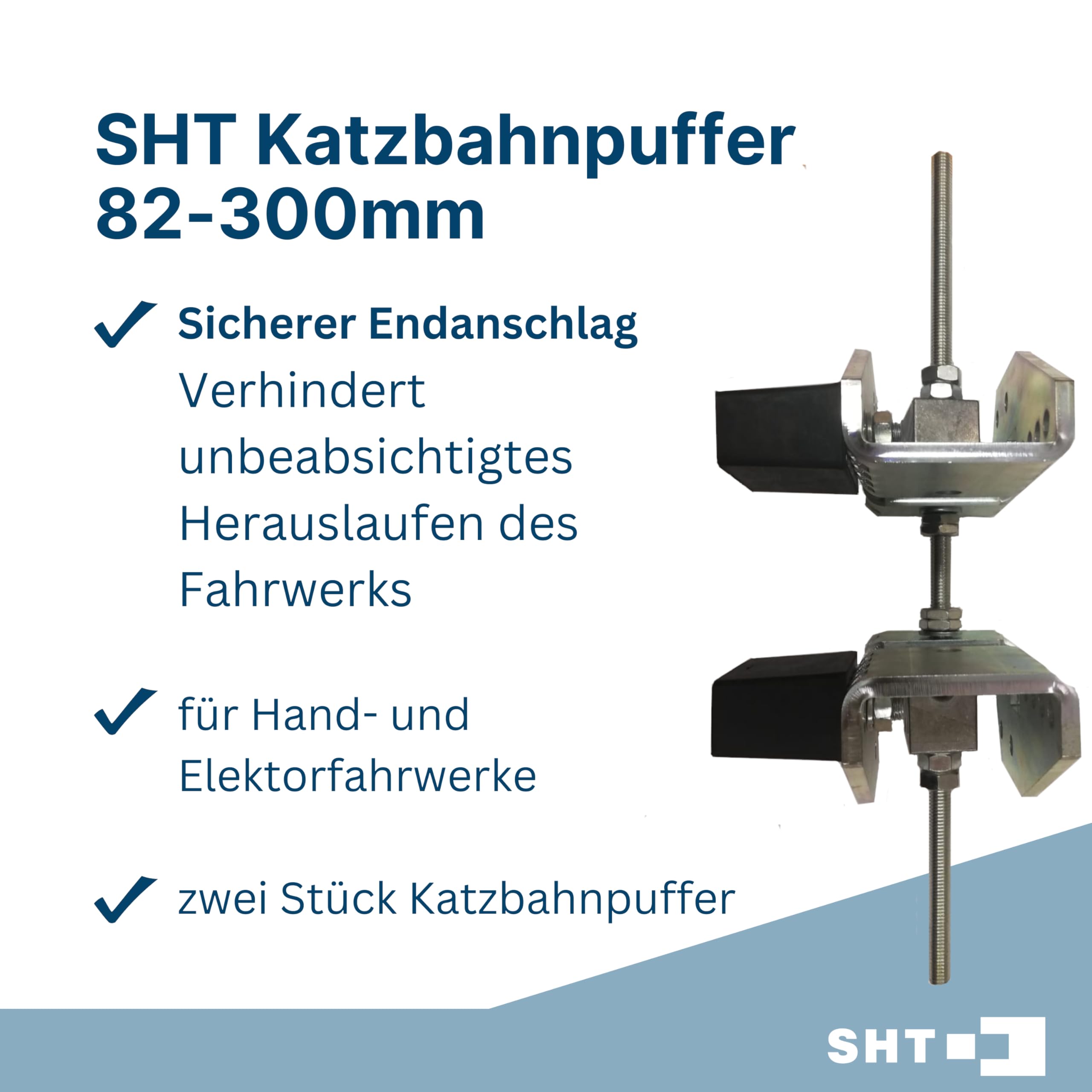 Set 2 SHT - Katzbahnpuffer/Klemmpuffer/Endanschläge 82-300 mm, Katzpuffer 2 Stück (Flanschbreite 82-300mm)