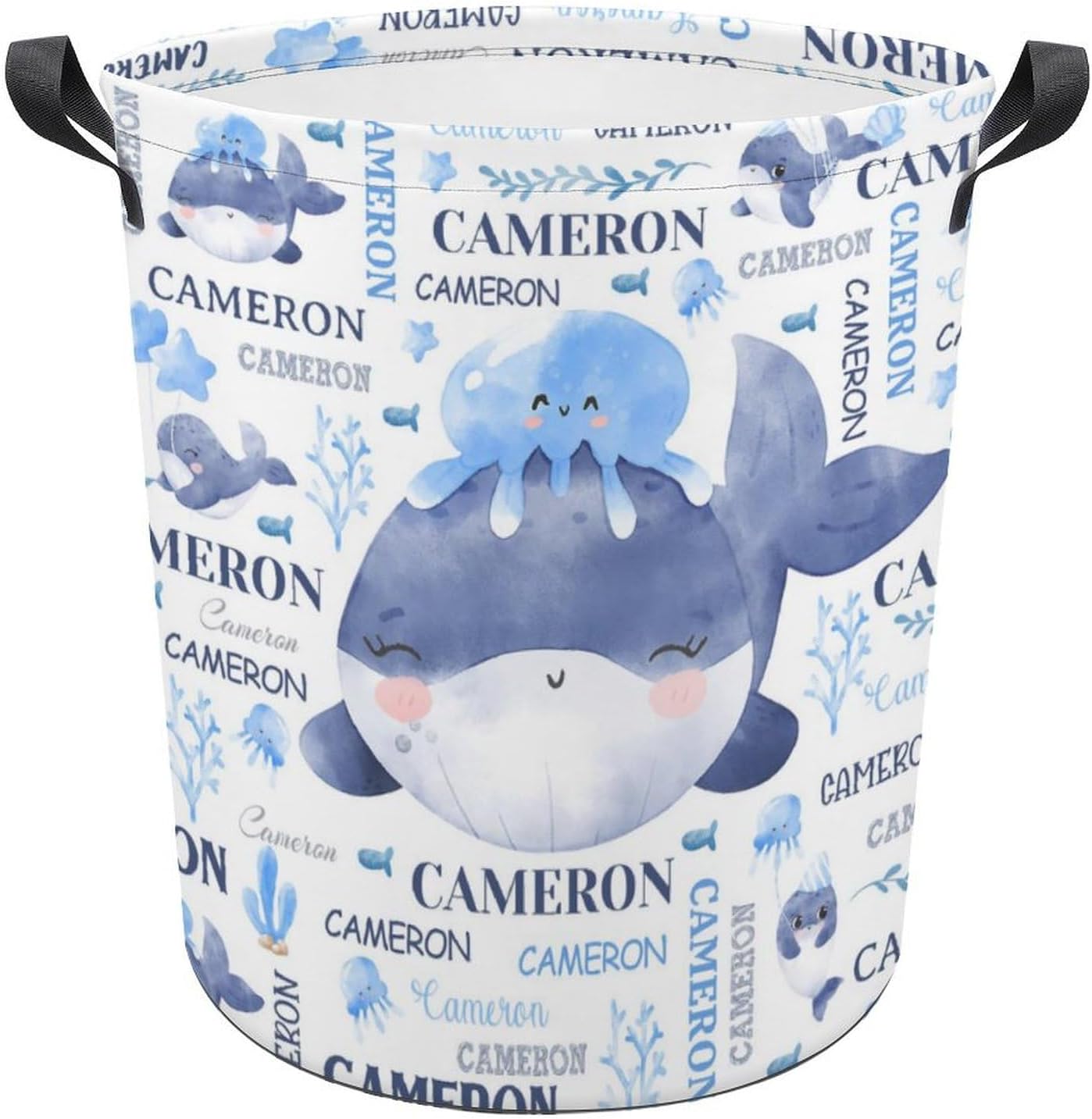 Whales Laundry Basket,Personalized Laundry Hamper for Boys Girls,Custom Laundry Basket With Name, Customized Dirty Clothes Hamper for Bathroom Bedrooms,M-19.5"X 15.7"
