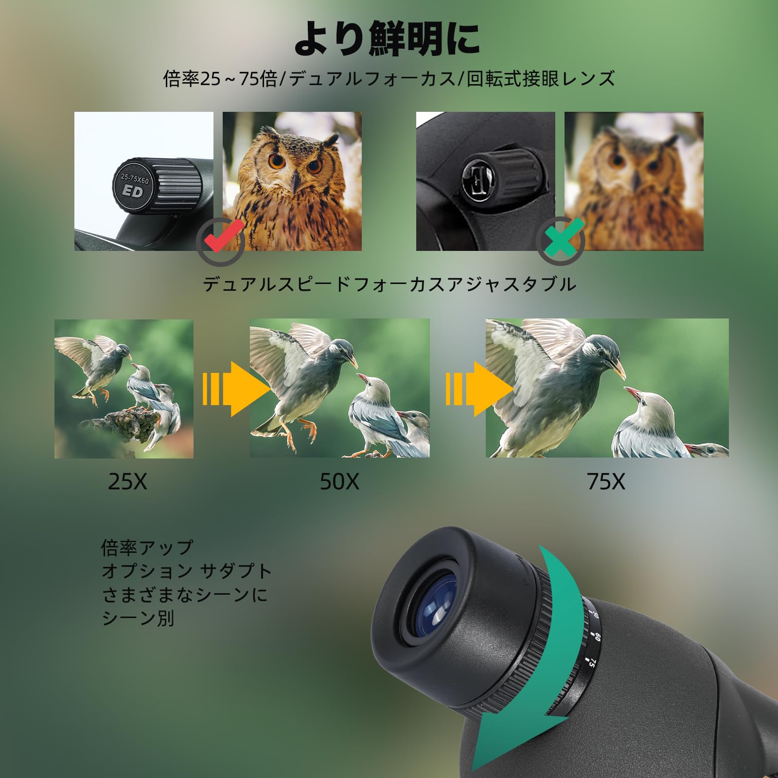 Amazon | 25-75x60 ED スポッティングスコープ ターゲット撮影用 伸縮