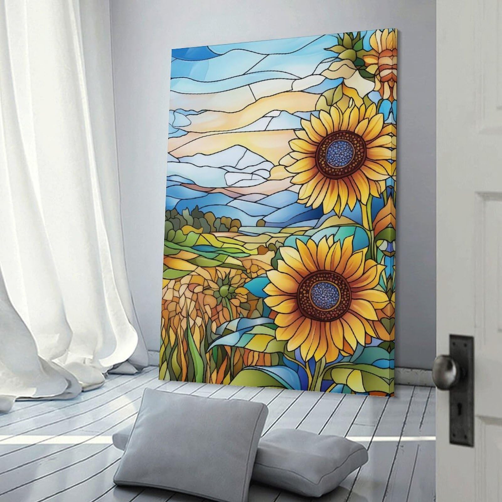 Junmoney Stained Glass Sunflowers Decorative Canvas Print, 20x30inch(50x75cm), for Gallery Wall Decor And Room Displays, Wall Decor Suited to Curated Displays
