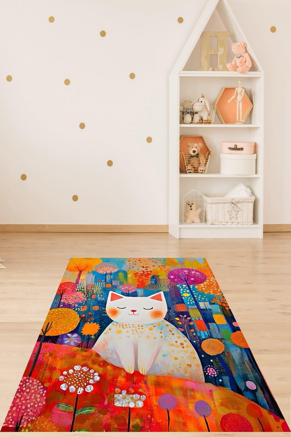 Pelangi Minimalist Sanat Sevimli Kedi Yıkanabilir Kaymaz Taban Leke Tutmaz Çocuk Odası Halısı, Turuncu 180 x 250