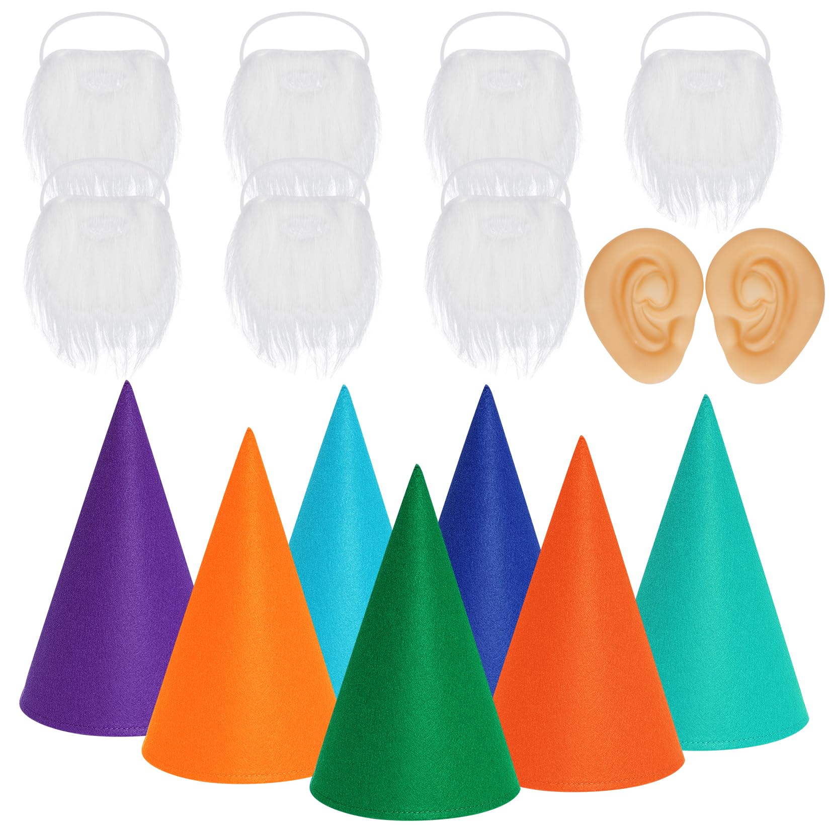 Fengek 16 Packs Gnome Costume Set 7Pcs Felt Dwarf Hats 7Pcs White Fake Beard 2Pcs Fake Ears for Halloween Christmas Cosplay