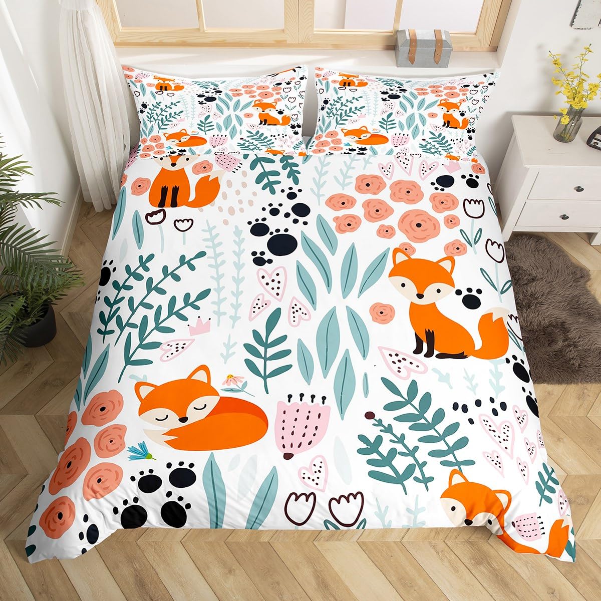 Housse de couette renard 200x200 mignonne avec parure de lit 3 pièces