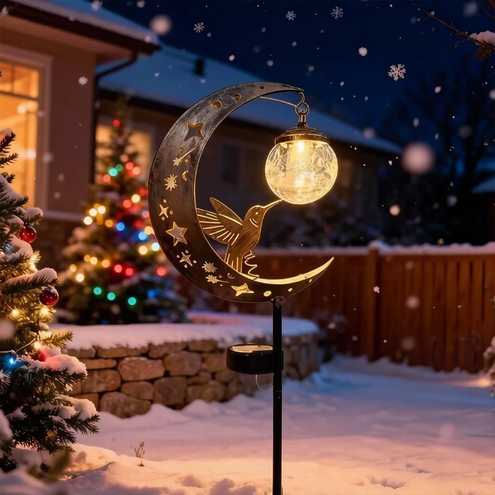 Koliber Solarna lampa ogrodowa z zakrzywioną metalową sztuką, trzaskająca szklana kula, ciepły blask, dekoracja na patio, podwórko, akcent, dekoracyjna lampa ogrodowa z figurką kolibra, trzaskające