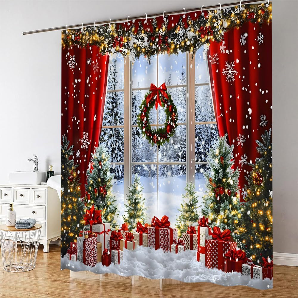 Christmas Shower Curtain Winter Winter Forest Xmas Tree Pine Snowflake Red Rustic Farmhouse Snow Scene New Year Holiday Bathroom Decor Curtains Set with Hooks