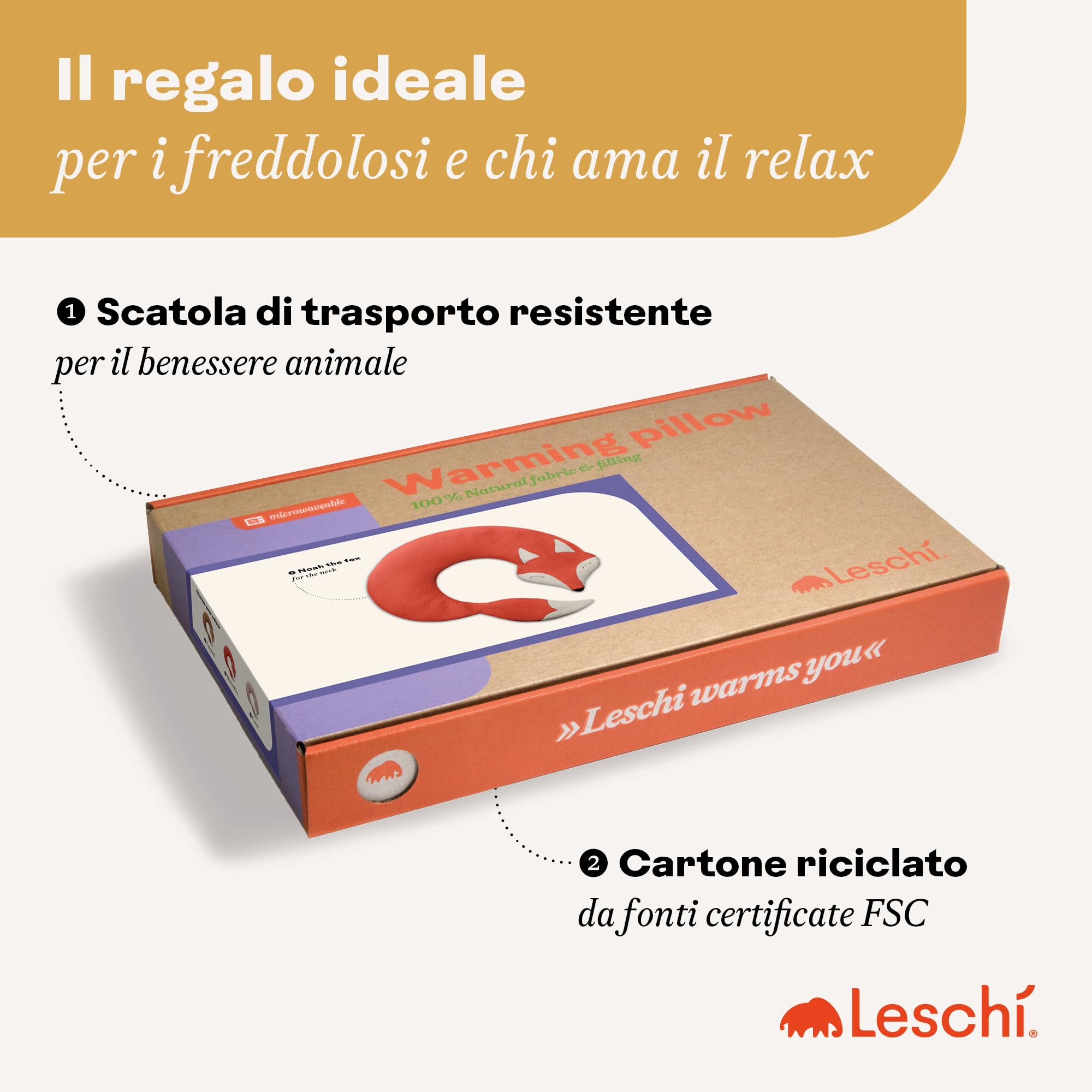 LESCHI Cuscino cervicale termico per microonde - 100% cotone e grano biologico - Cuscino riscaldante ideale per sciogliere tensioni a collo, spalle e schiena - Volpe, nero