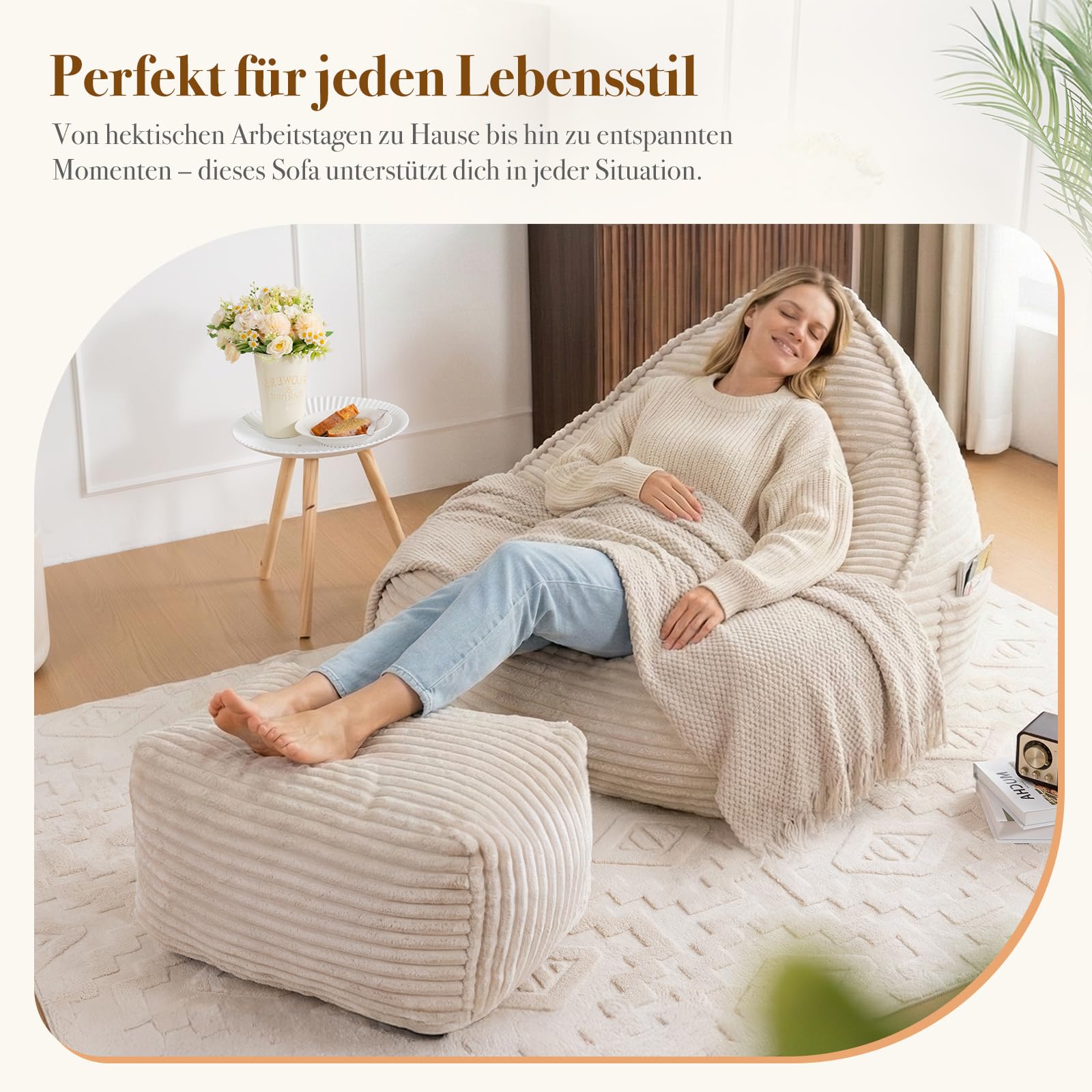 Vamcheer Sitzsack Erwachsene mit Hocker XXL Beige Bean Bag Chair Flauschiger Flanellstoff