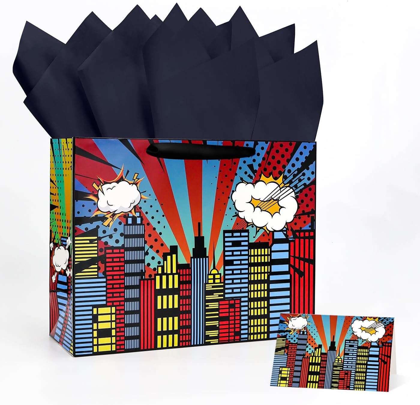 MUNILAIL 13 Inches Hero Gift Bag Large Gift Bag with Handle Tissue Paper and Greeting Card for Kids Birthday Hero Themed Party Large Paper Gift Bag
