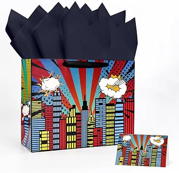 MUNILAIL 13 Inches Hero Gift Bag Large Gift Bag with Handle Tissue Paper and Greeting Card for Kids Birthday Hero Themed Party Large Paper Gift Bag