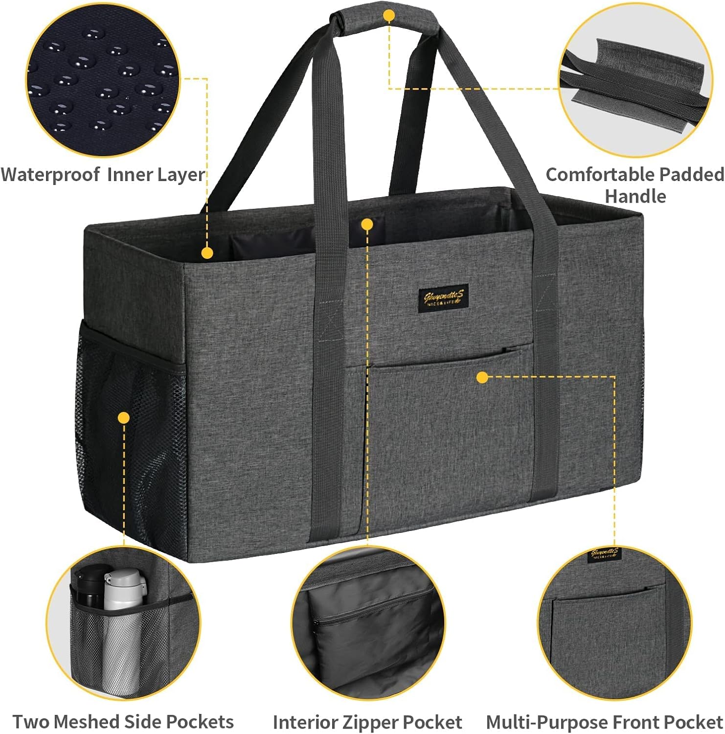 GhvyenntteS Extra Large Utility Tote Bag, Stand Up Utility Tote with Metal Wire Frame & Hard Bottom Board, Reusable Grocery Bags With Handles, Extra Large Beach Bag, Collapsible Car Tote