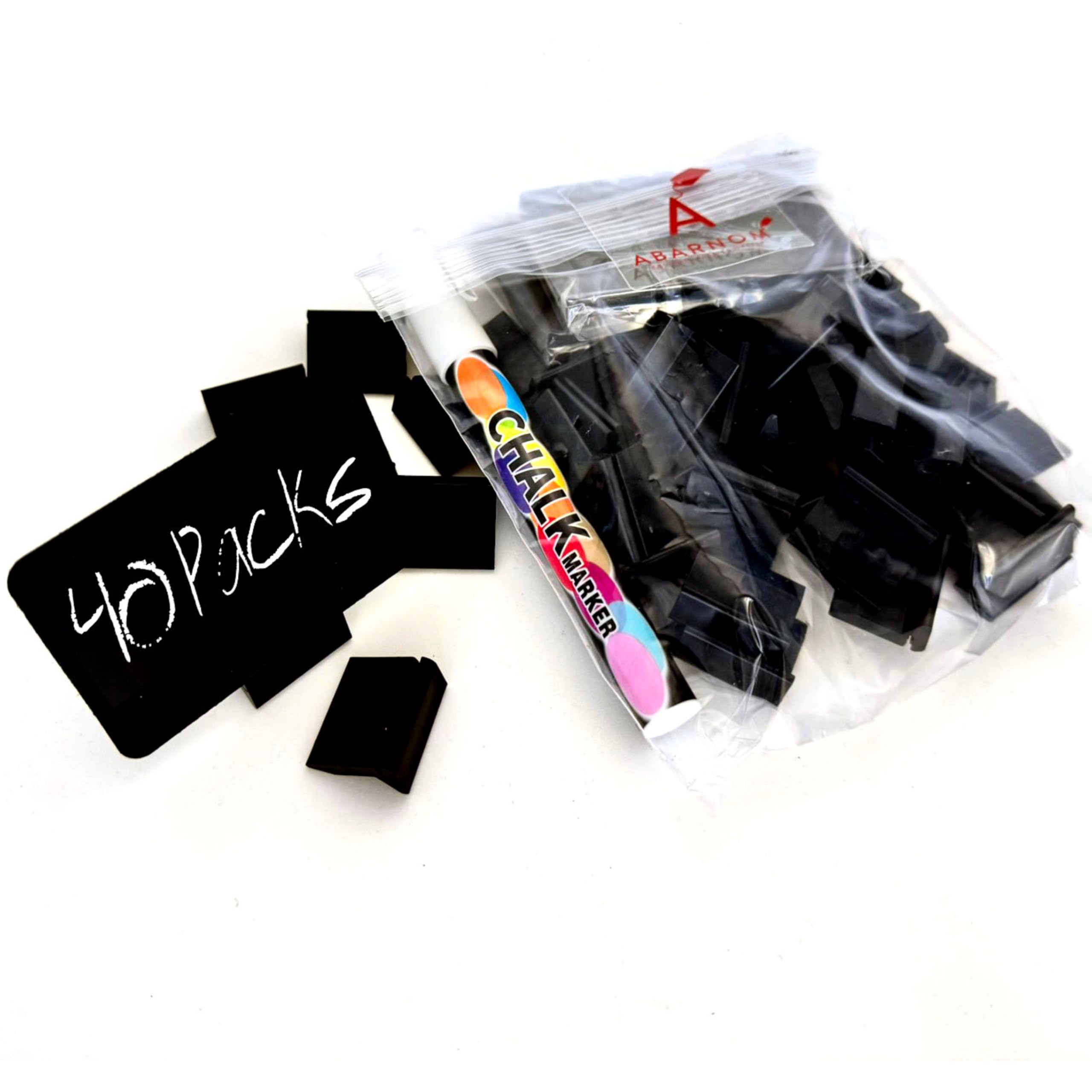 Pack of 40 Reusable Synthetic Chalkboards + 40 x 25 mm Bases + Liquid Chalk Marker Pen Price Holder Synthetic Chalkboard Price Chalkboards Mini Chalkboards for Price Holders (Black)