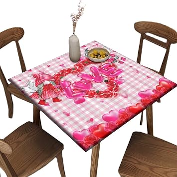 Square Fitted Tablecloth, Valentines Day Gnomes Love Hearts Pink Plaid Polyester Table Cover, for Indoor Restaurant or Outdoor Patio Party Dining, Fit for 52" x 52"Square Table