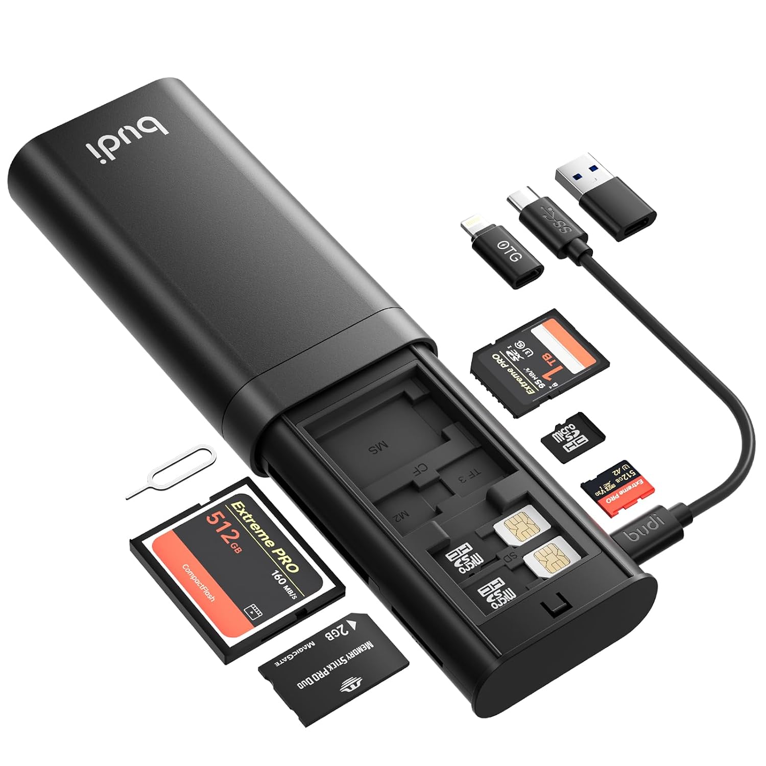 BUDI Multifunctional SD Card Reader, SD/TF/Micro SD/CF/MS/M2 7-in-1 5Gbps High-Speed Memory Card Reader USB 3.0 Type-C Int...