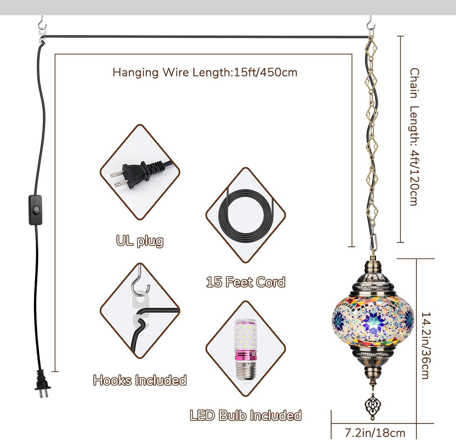 DIY Turkish Mosaic Lamp Kit, 7.2"D Plug-in Stained Glass Pendant Hanging Lamp Making Kit with 15ft Cord-No Skills Needed,Mosaic Art & Craft Project Kits for Adults&Teens, Make Your Own Lamp,Multicolor