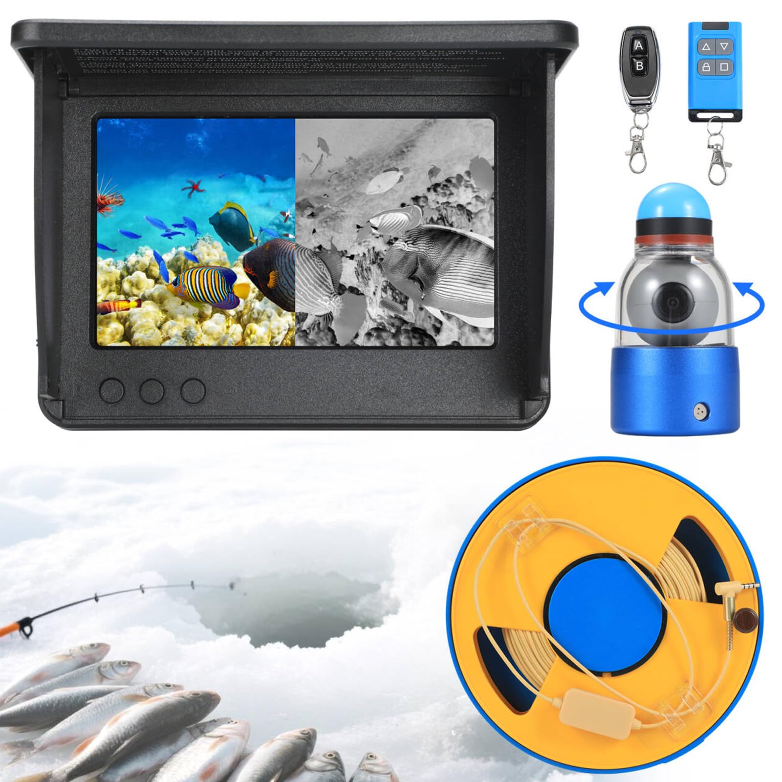Cámara de pesca subacuática de 360° con monitor portátil de 5 pulgadas, rendimiento nocturno, cable Fishfinder 1000 TVL 30M