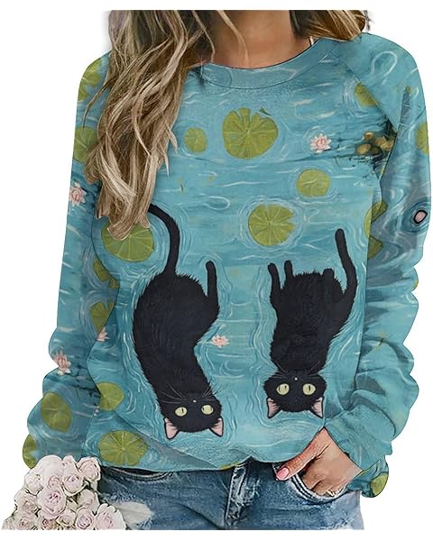 Womens novelty funny cat printed crewneck sweatshirt casual loose long sleeve graph...