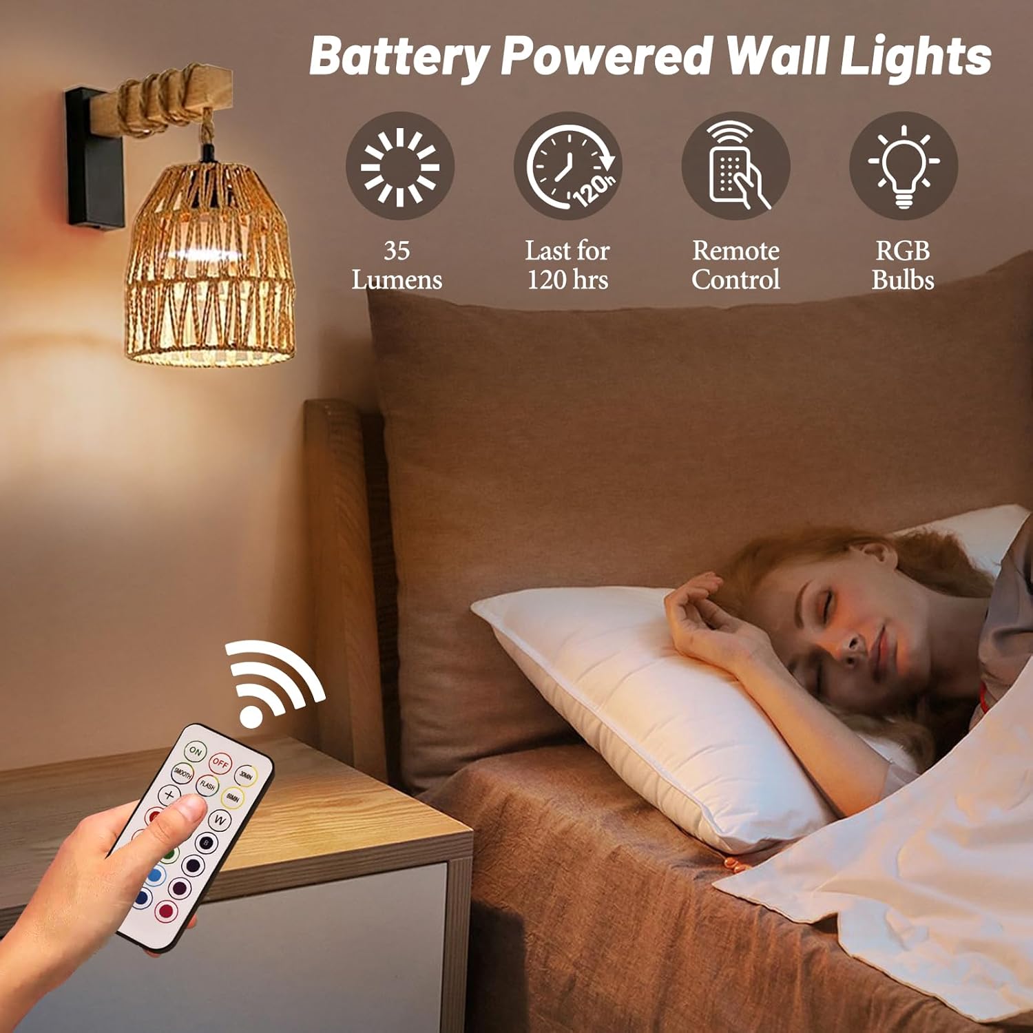 Battery Operated Wall Sconce Set of Two, Rattan Wall Sconces Battery Operated Set of 2, Boho Battery Wall lights with Remote, Wireless Wall Sconce for Bedroom,Living Room, Entryway 15 Colors Dimmable