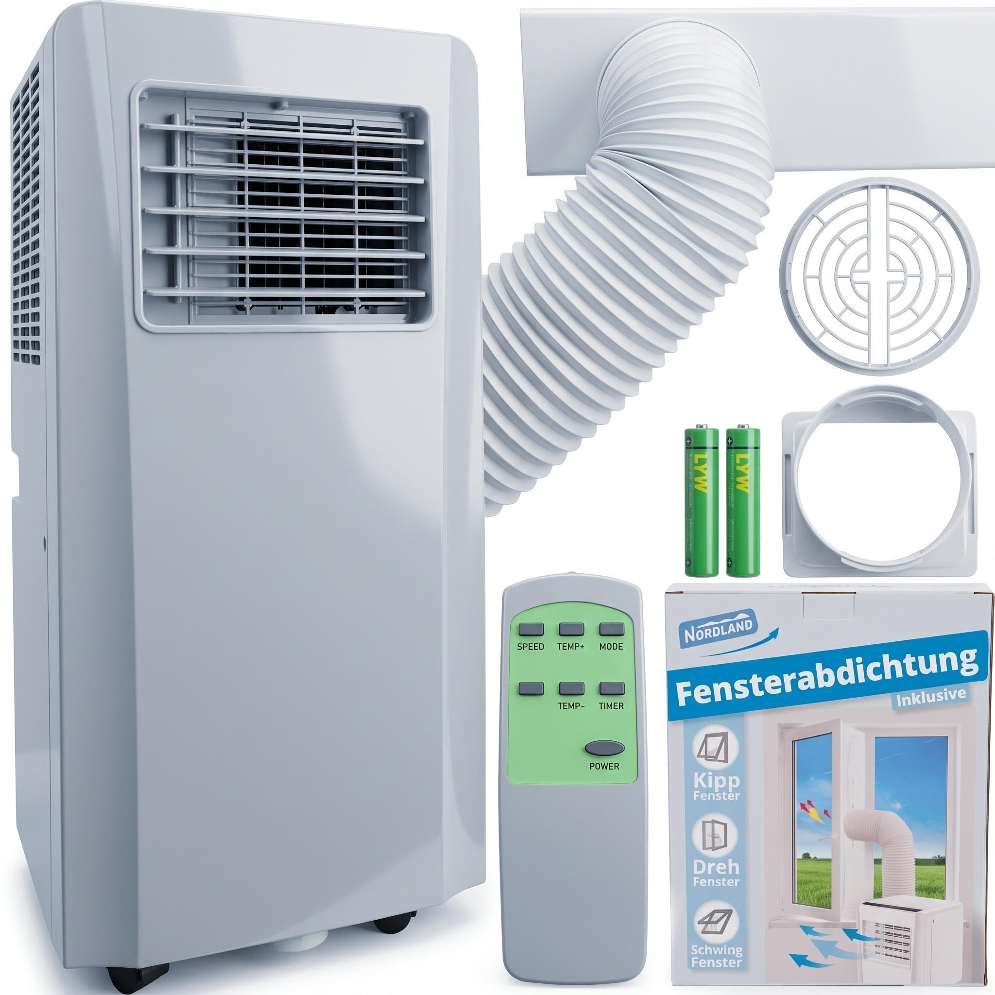 NORDLAND® Klimaanlage mobil 7000 BTU mit abluftschlauch und Fensterkit für Schlafzimmer & Büro Klimagerät Luftentfeuchter Air Conditioner