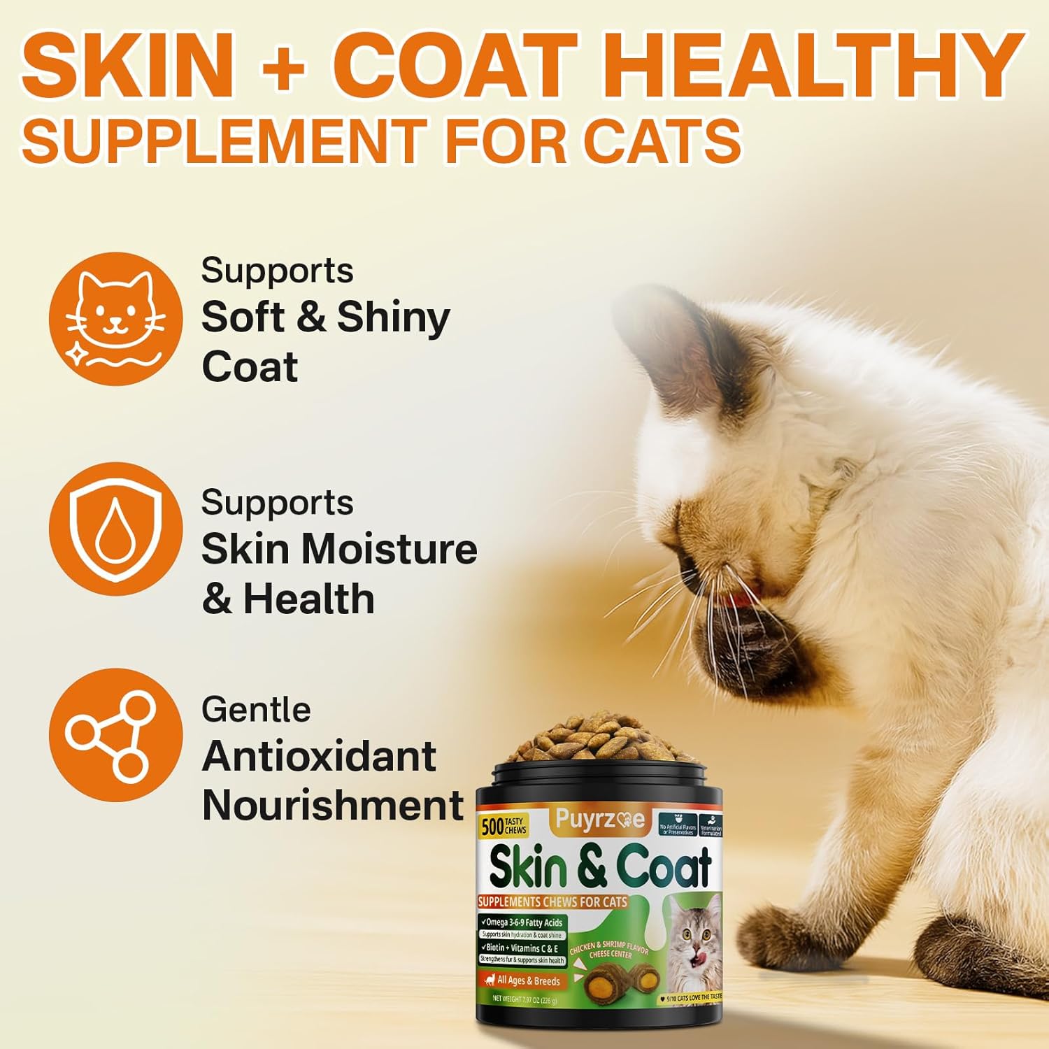 Cat Skin & Coat + Multivitamin - 500 Chews Crunchy & Creamy Cheese Core with Omega-3, Vitamins C & E, Biotin for Healthy Coat - Immune,Eye, Brain, and Bone Support for All Cats