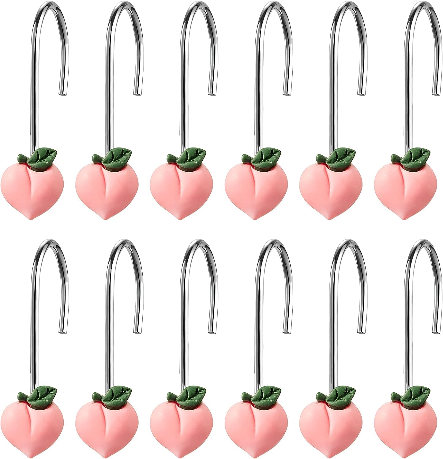 PANTIDE 12pcs Peach Shower Curtain Rings Pink Rustproof Metal Curtain Hangers Glide Shower Rings for Shower Curtain Cute Fruit Theme Resin Stainless Steel Curtain Hook Rings for Kids Bathroom Decor