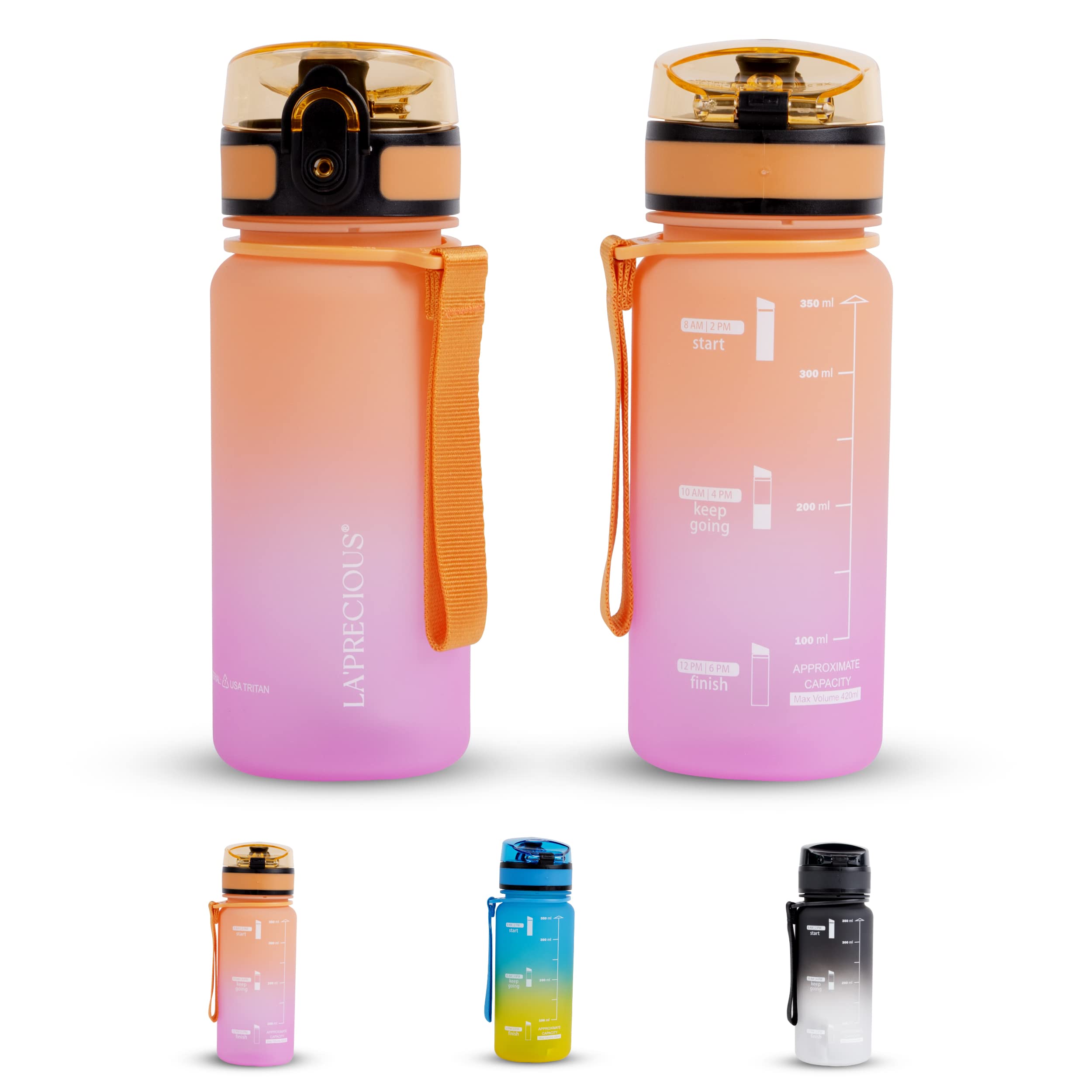 LA' PRECIOUS Water Bottle for Kids & Adults,500ML, 350ML -USA Tritan Material, Non-Toxic BPA Free, Fast Flow, Flip Top Leak Proof Lid. (Orange/Purple, 350ML)