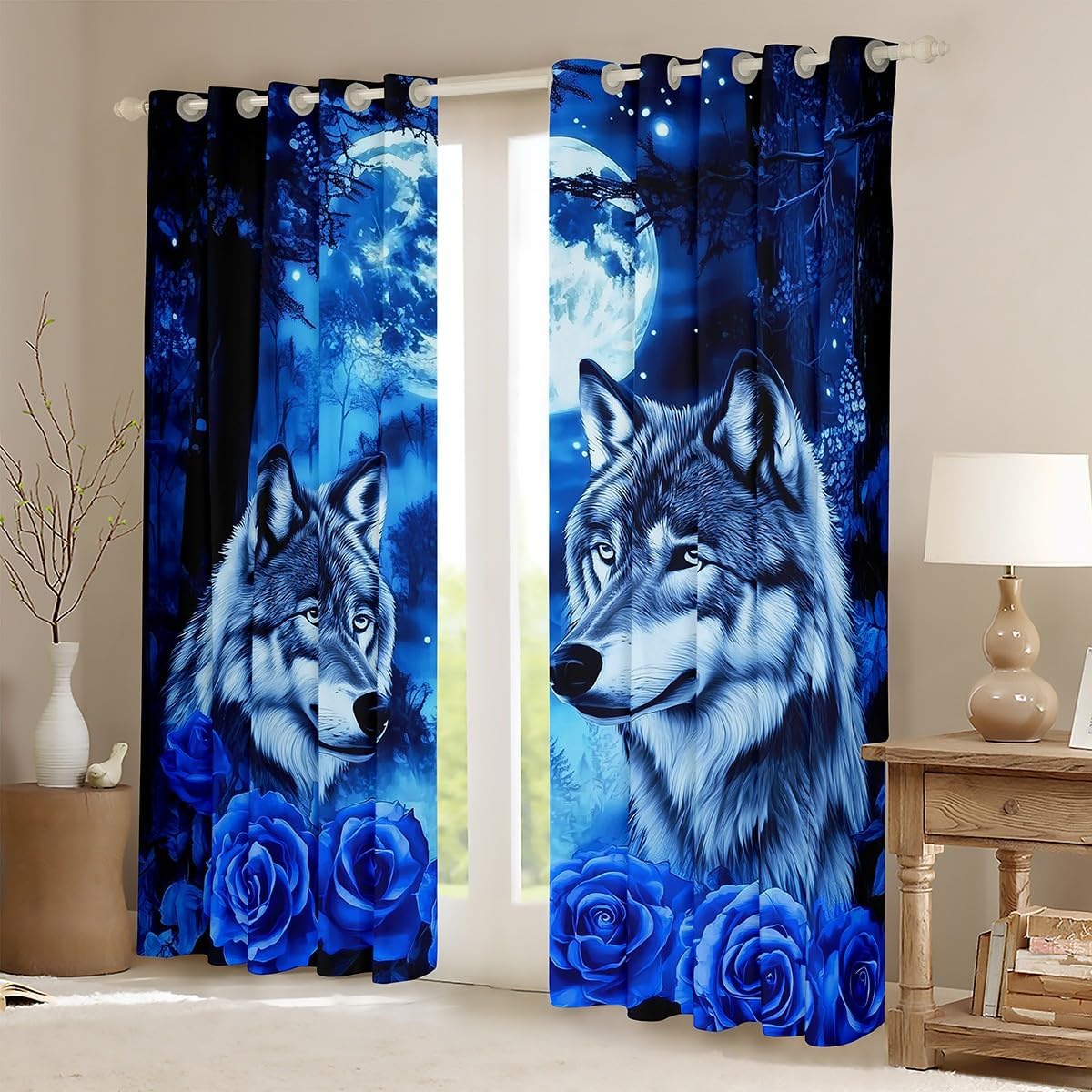 Erosebridal Wolf Couple 42" Wx90 L 2 Panels Curtains & Drapes,Blue Starry Sky Moon Curtains,Wolves Rose Safari Wildlife Animal Blackout Curtains for Women Teens Kids Bedroom Decor