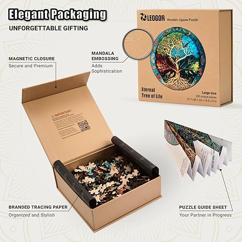 Miniatura 3 de Rompecabezas grande de madera de mandala de árbol de la vida, rompecabezas de madera de 350 piezas para adultos, diseño redondo inspirado en la
