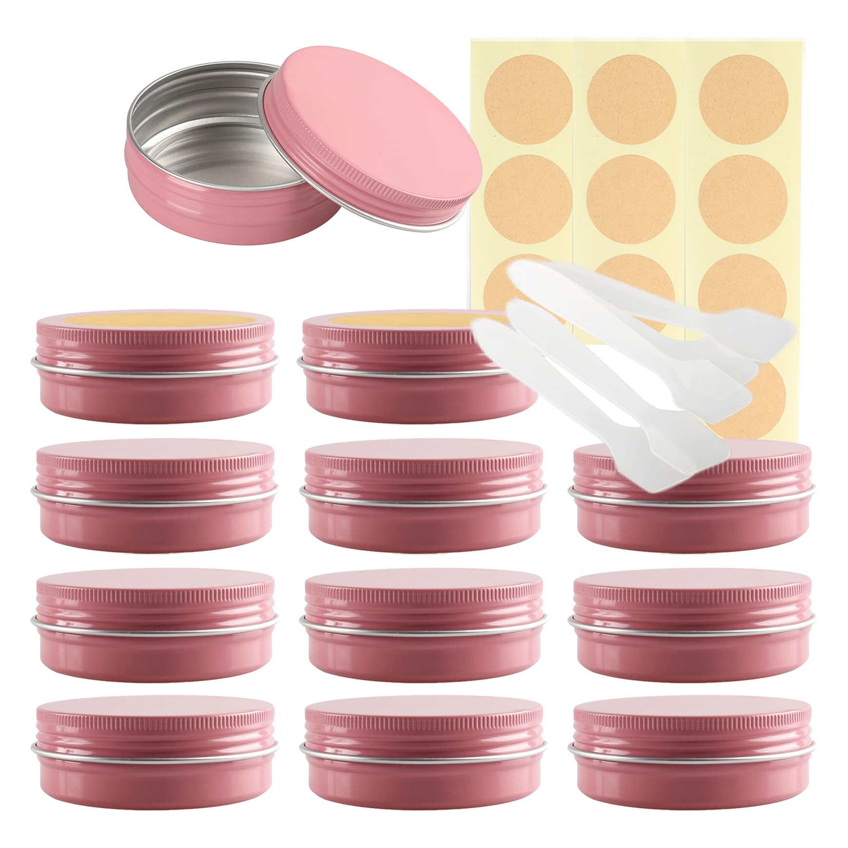 LusDoly Pack of 20 Empty 60ml Pink Aluminium Tins with Lids - Ø68x25mm Round Aluminum Screw Pots Travel Round Cosmetic Cream Container Jars for Candle Lip Balm, Salve with Spatulas & Labels