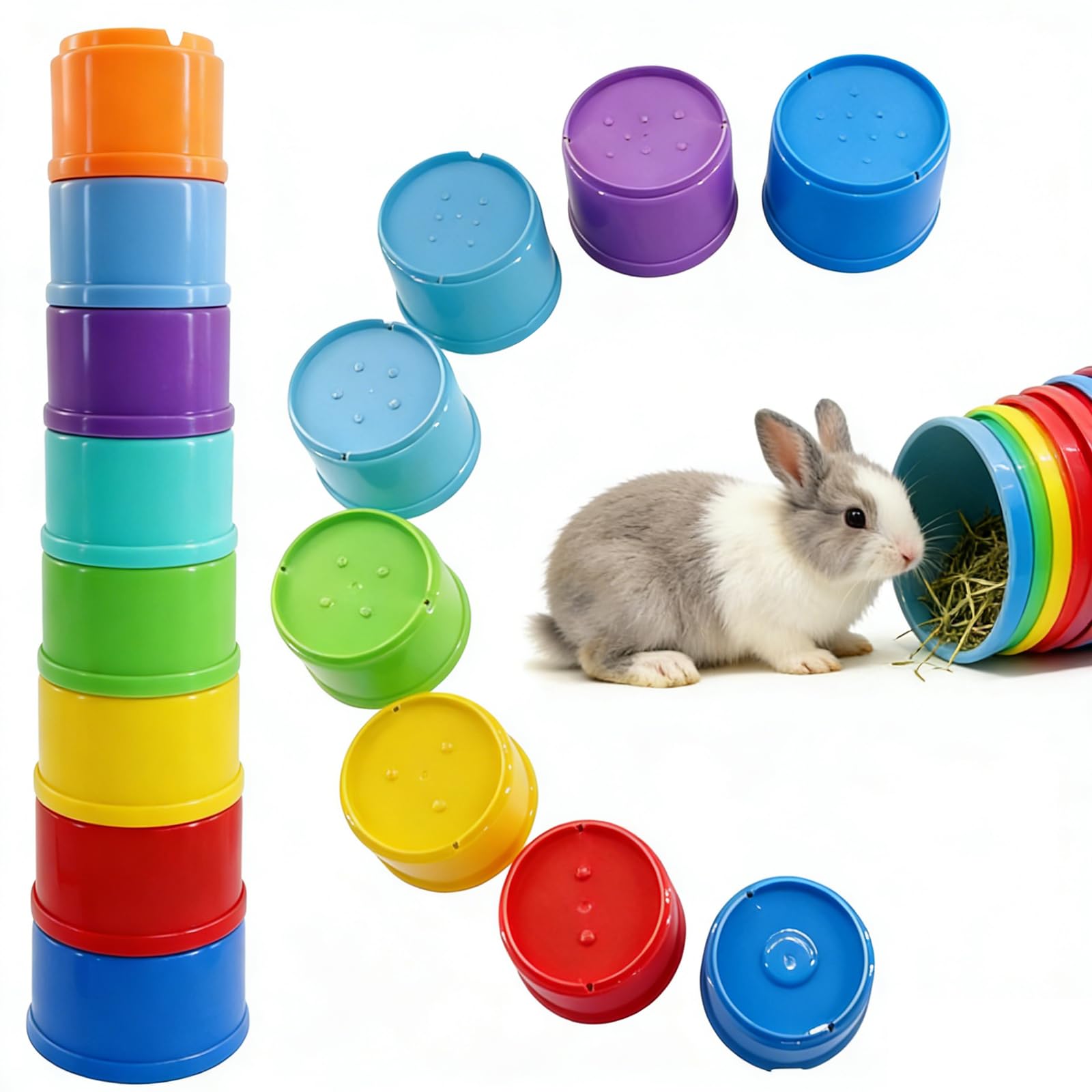 YDAKGUEY Stacking Cups, 8 Pcs Toys for Rabbits, Bunny Stacking Cups Pet Toys for Hiding Food and Playtime Fun Stack Up Cups for Rabbits Small Animals