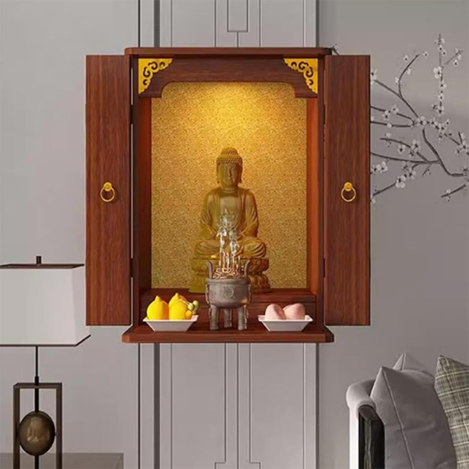 Buddha Statue Wall-Mounted Shrine, Wooden Cabinet for Meditation, Offering Table, Teak Finish, Home Decor, 34x25x40cm