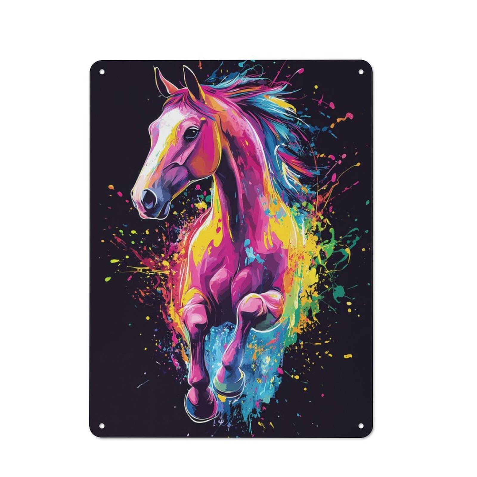 Metal Wall Sign with Colorful Horse Splash Art Design 40x30cm, Weathered Look Workshop Wall Decor for Garage, Hobby Room, Office Or Man Cave