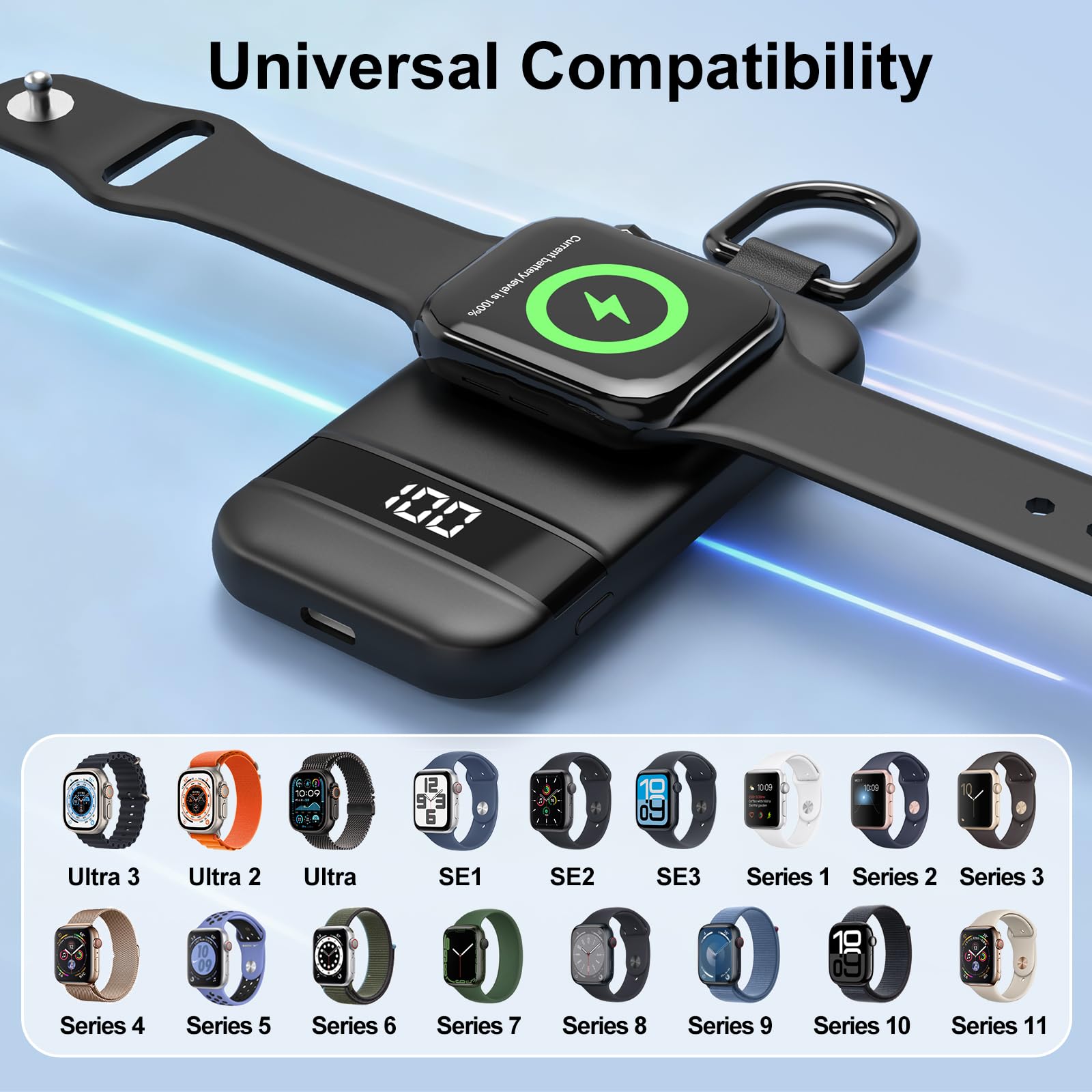 Caricabatterie portatile per Apple Watch, 2500 mAh e schermo digitale, caricabatterie magnetico a ricarica rapida per viaggi e portachiavi, funziona con Apple Watch Series (nero)