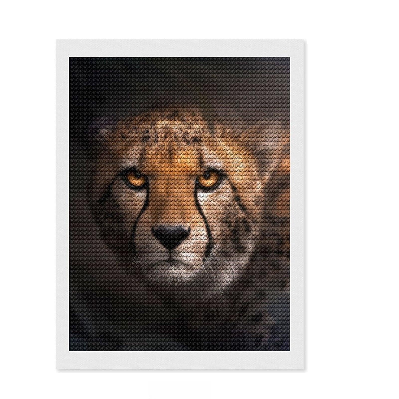 Junmoney Angry Cheetah Portrait Diamond Art Canvas 12"x16", Adhesive Canvas, Easy to Enjoy, Living Room Decor, Birthday Gift, Simple to Start