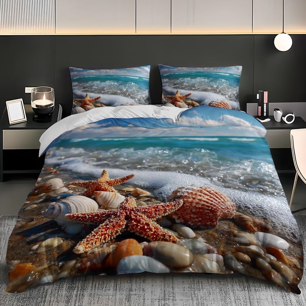 Komplet pościeli 3D, 200 x 200 cm, z mikrofibry, romantyczny motyw plażowy, poszewka na kołdrę z zamkiem błyskawicznym, miękka, hipoalergiczna, niebieska, zestaw pościeli dla dzieci, nastolatków
