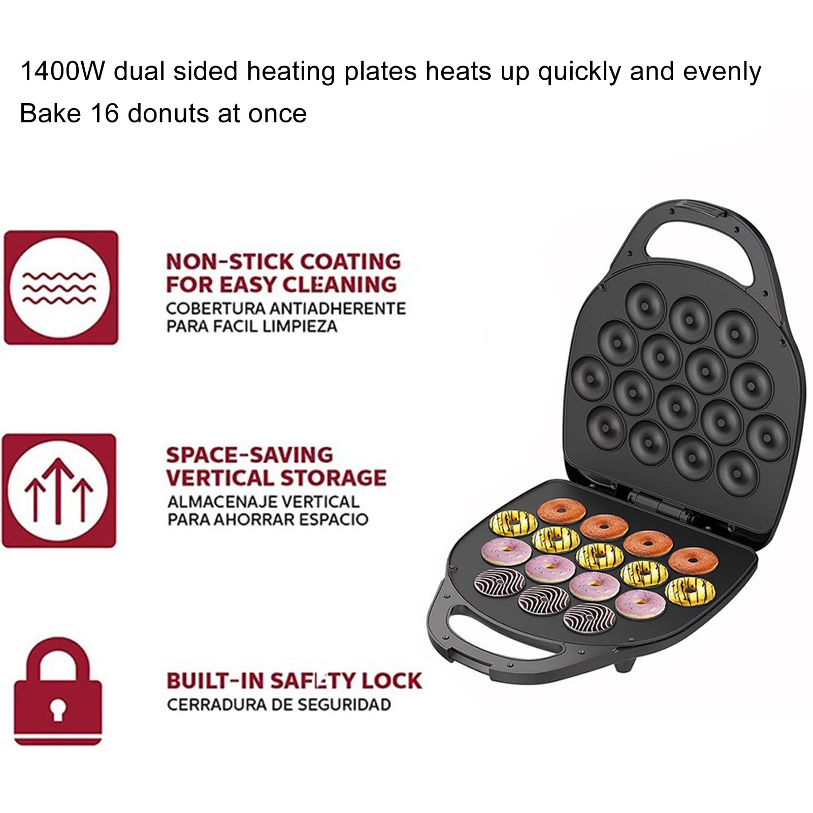 Luocute Mini Donut Maker Electric Donut Machine Donut Pan Doppelseitige Heizkuchenhersteller für 16 Kleine Donuts für Hausgemachte Restaurants Cafes Snack Bars Partys